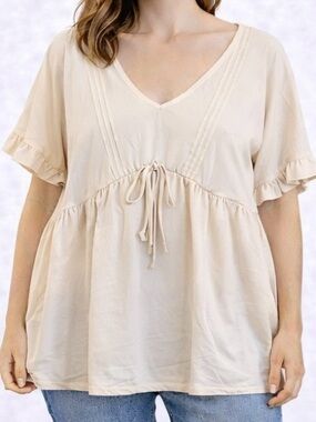 Women’s Plus Size Beige V-Neck Tie-Front Peasant Top - Size 3X